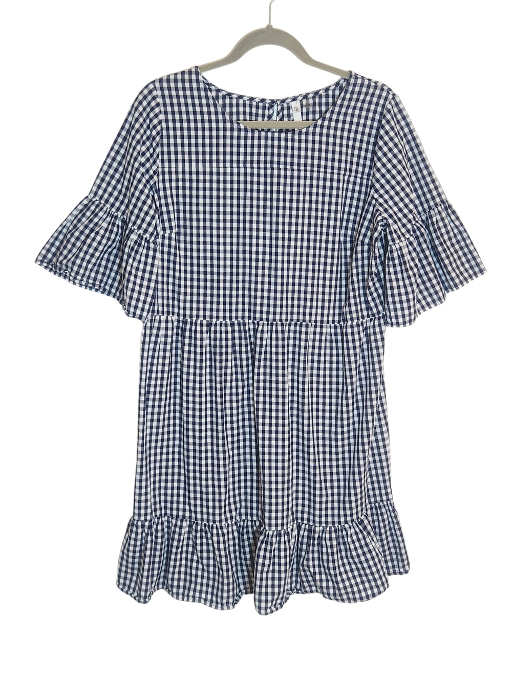 NY Collection Navy and White Gingham Bell Sleeve Mini Dress Size Large Flaw